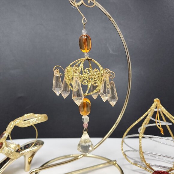 Glitter Plastic Metal Ornament Lot of 7 Chandelier Star Bow Stocking Shoe VTG - Picture 7 of 7